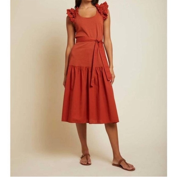 Nation Everleigh Frilly Dress Cayenne Red Orange poplin flutter sleeve Sz XS - Picture 1 of 14